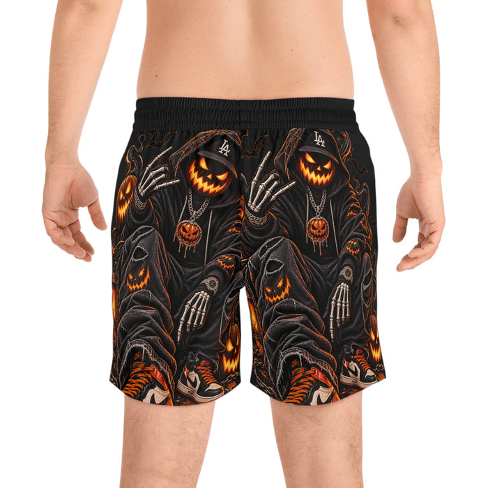 Halloween Jack-O'-Lantern Reaper Swim Shorts — Men’s Spooky Beach Trunks