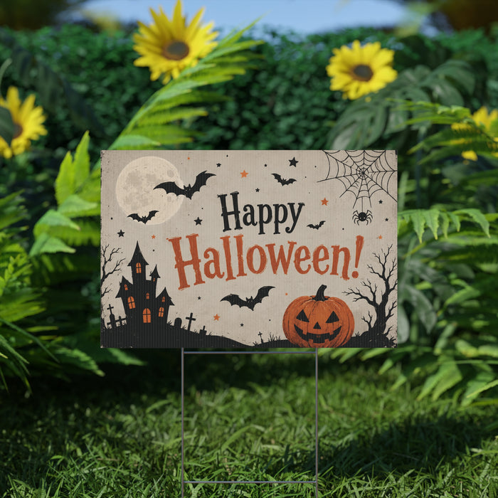 Halloween Plastic Yard Sign – 'Happy Halloween!' Pumpkin, Bats & Haunted House Outdoor Decor