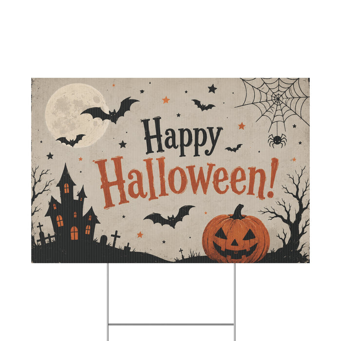 Halloween Plastic Yard Sign – 'Happy Halloween!' Pumpkin, Bats & Haunted House Outdoor Decor