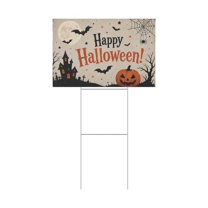 Halloween Plastic Yard Sign – 'Happy Halloween!' Pumpkin, Bats & Haunted House Outdoor Decor