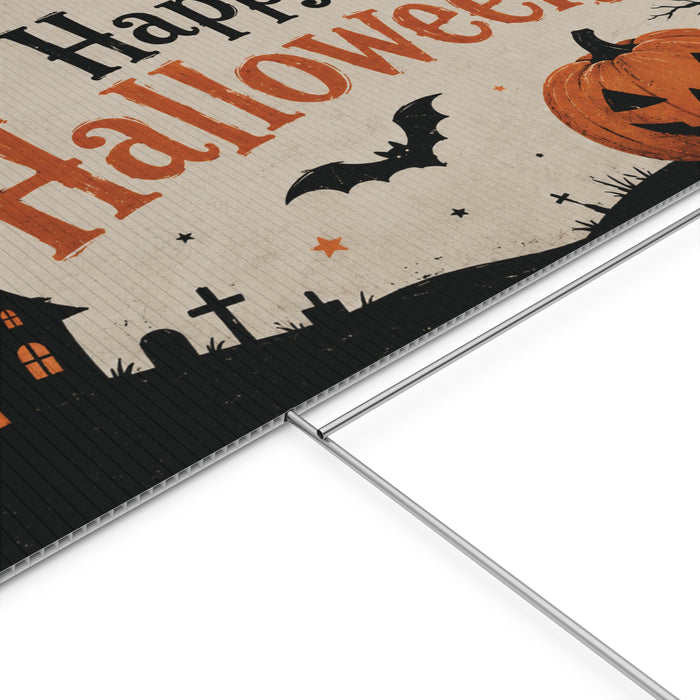 Halloween Plastic Yard Sign – 'Happy Halloween!' Pumpkin, Bats & Haunted House Outdoor Decor
