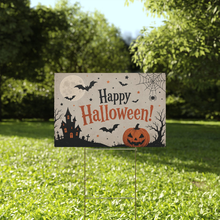 Halloween Plastic Yard Sign – 'Happy Halloween!' Pumpkin, Bats & Haunted House Outdoor Decor