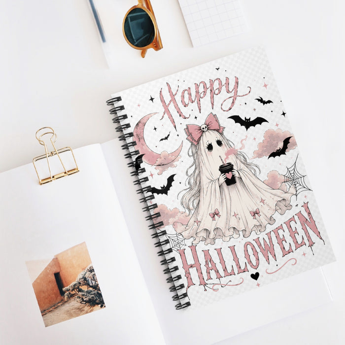 Happy Halloween Ghost Notebook — Cute Pink Halloween Spiral Journal (Ruled)