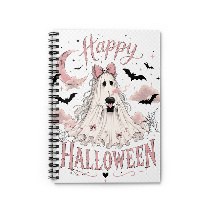 Happy Halloween Ghost Notebook — Cute Pink Halloween Spiral Journal (Ruled)