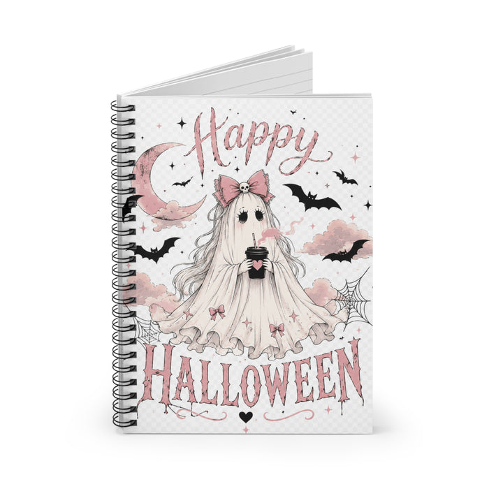 Happy Halloween Ghost Notebook — Cute Pink Halloween Spiral Journal (Ruled)