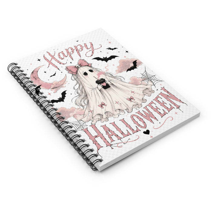 Happy Halloween Ghost Notebook — Cute Pink Halloween Spiral Journal (Ruled)