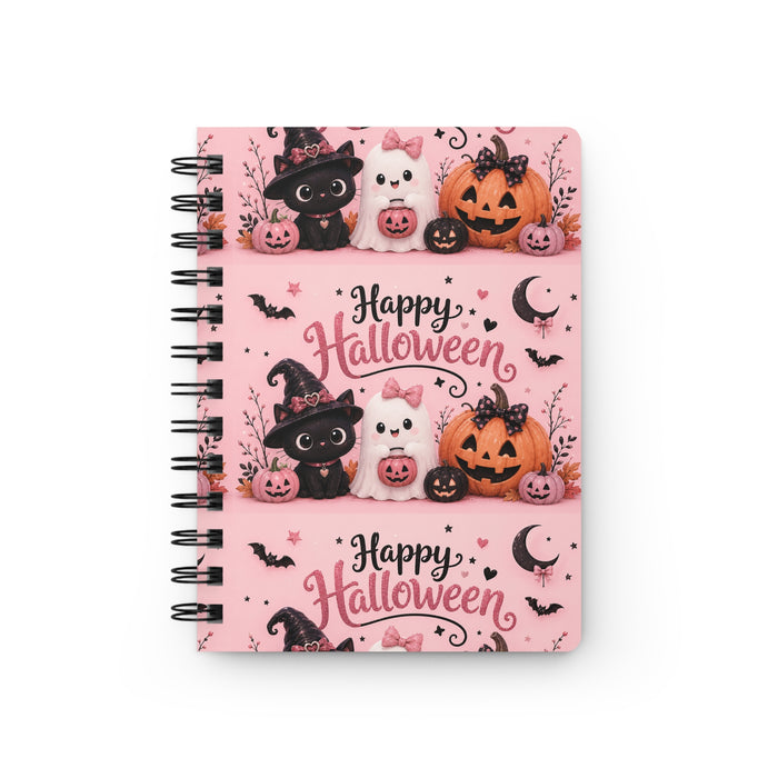 Happy Halloween Spiral Journal — Cute Pumpkin, Black Cat & Ghost Notebook