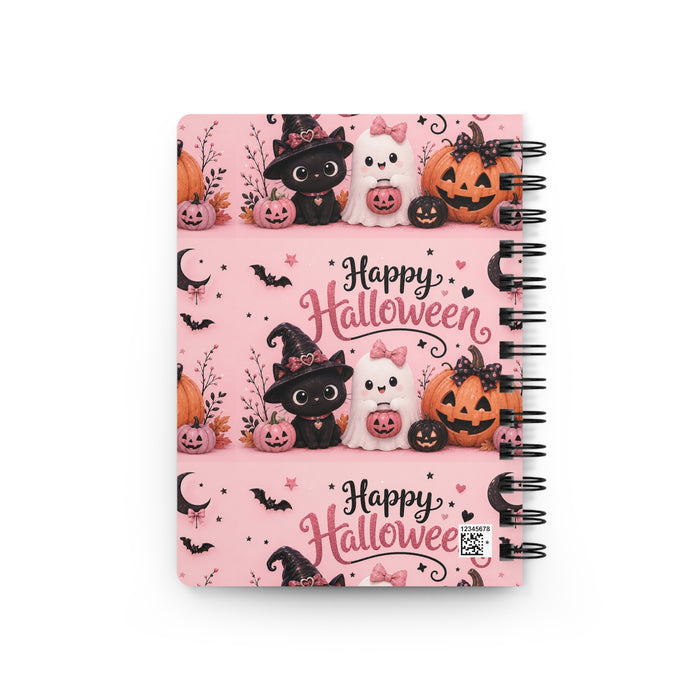 Happy Halloween Spiral Journal — Cute Pumpkin, Black Cat & Ghost Notebook