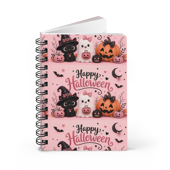 Happy Halloween Spiral Journal — Cute Pumpkin, Black Cat & Ghost Notebook