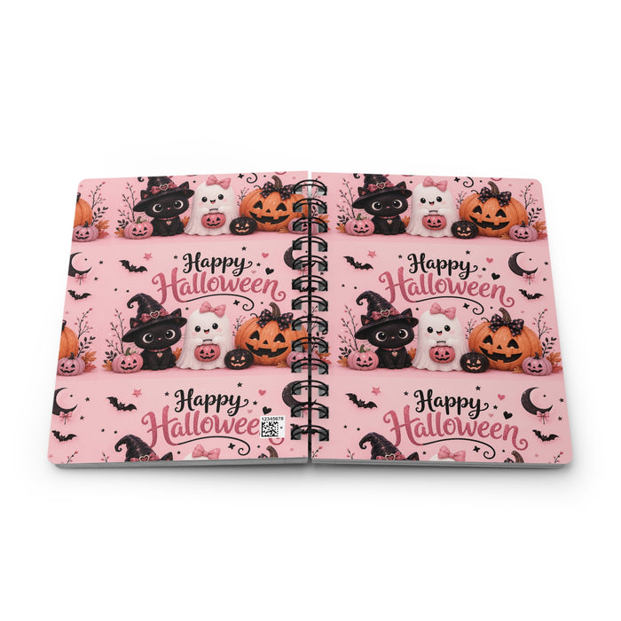 Happy Halloween Spiral Journal — Cute Pumpkin, Black Cat & Ghost Notebook