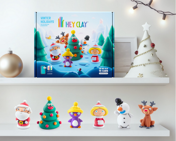 Set of colorful clay figures on a shelf with 'Hey Clay' packaging in the background.