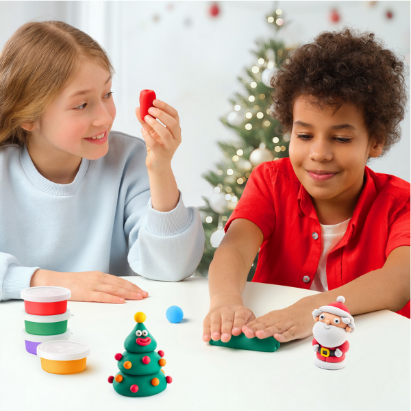 Two children playing with colorful clay