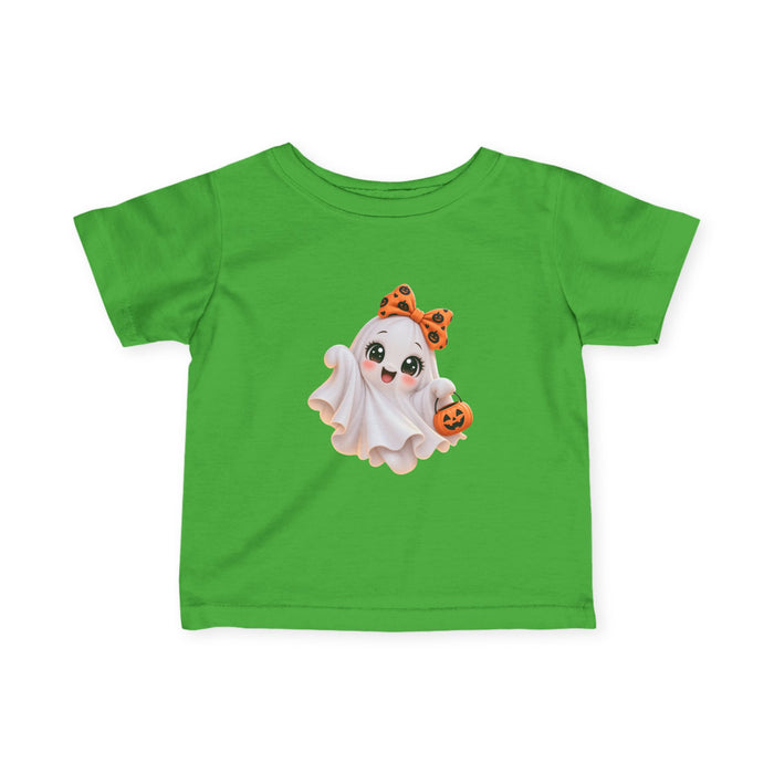 Infant Halloween Ghost Tee – Cute Baby Ghost with Pumpkin & Leopard Bow