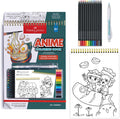 Faber-Castell anime coloring book with colored pencils and a pen on a white background