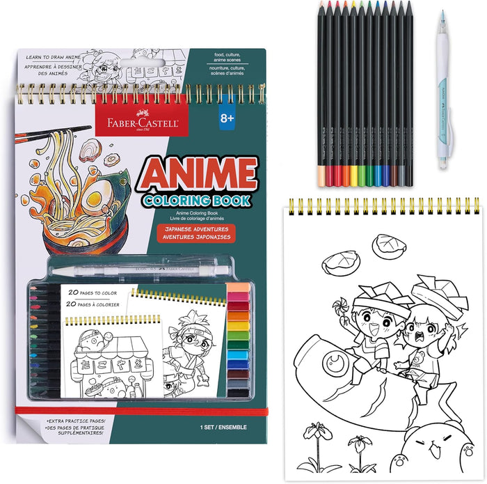 Faber-Castell anime coloring book with colored pencils and a pen on a white background