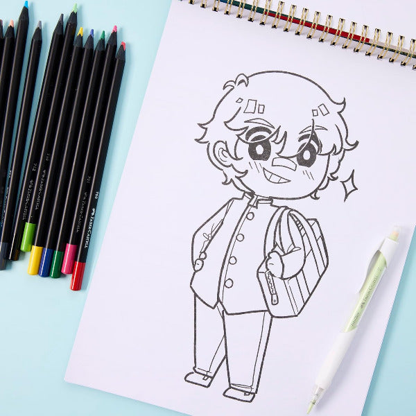 Coloring book page with a character drawing and colored pencils on a light blue background
