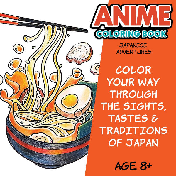 Anime coloring book cover with a bowl of ramen and chopsticks on an orange background.