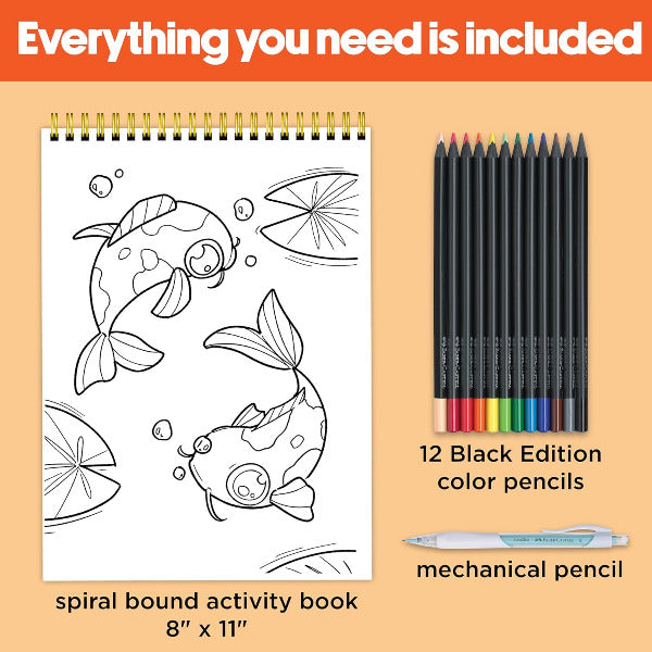 Coloring book with koi fish illustrations, 12 black edition color pencils, and a mechanical pencil on an orange background.