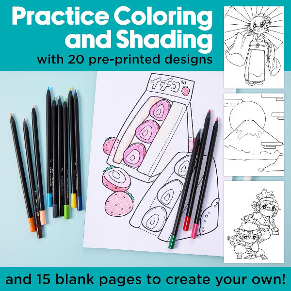 Coloring book with pre-printed designs and blank pages, accompanied by colored pencils