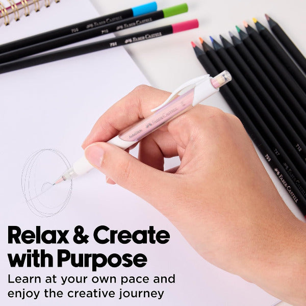 Hand holding a pen with colored pencils and text 'Relax & Create with Purpose' on a white background