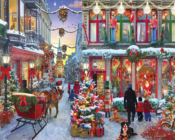 Puzzle design is festive street scene with decorated buildings, Christmas trees, and a horse-drawn sleigh.