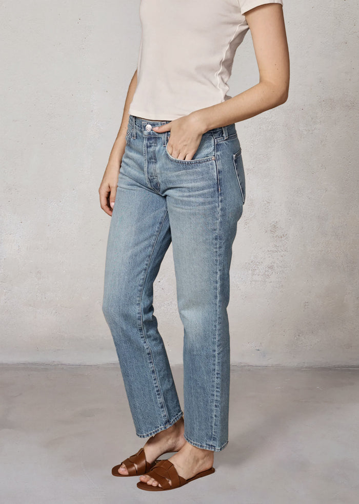 EDWIN USA light wash denim American made women's straight leg jeans mid rise cropped ankle