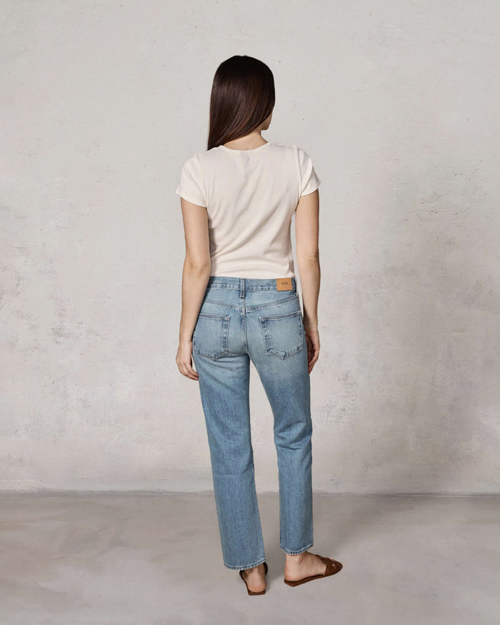 EDWIN USA American made women's straight leg jeans light wash back view on model with white tee