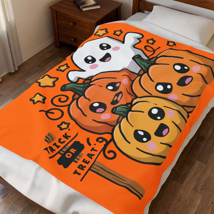 Kawaii Pumpkin Ghost Halloween Velveteen Plush Blanket | Trick or Treat