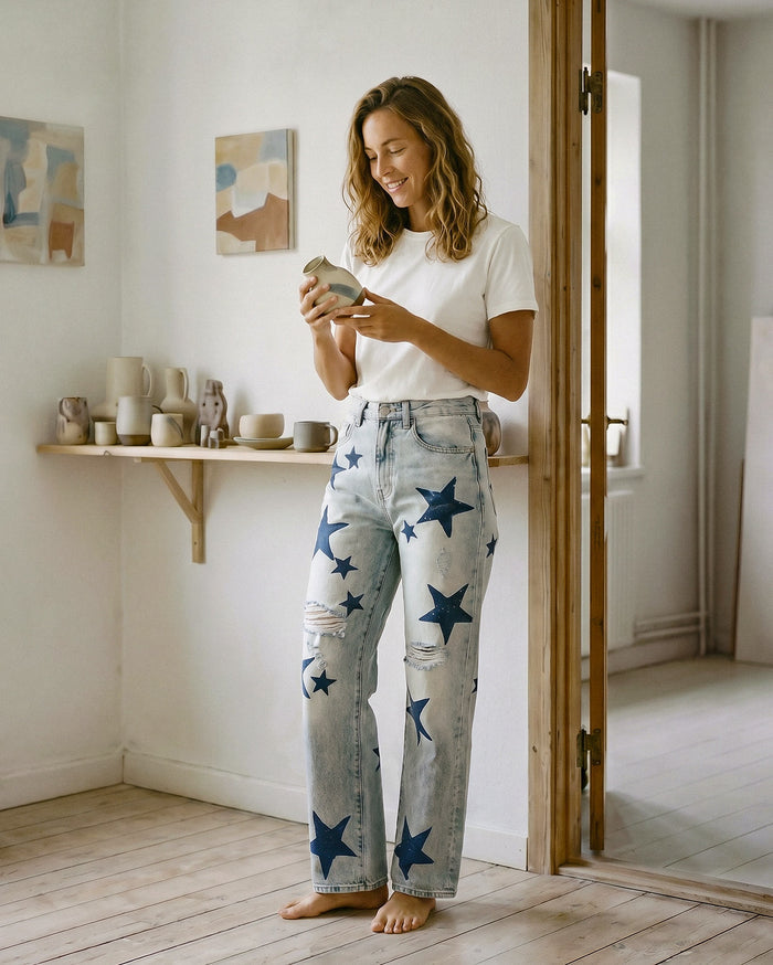 Kayla Relaxed Straight Jean || Foam - Blue Stars