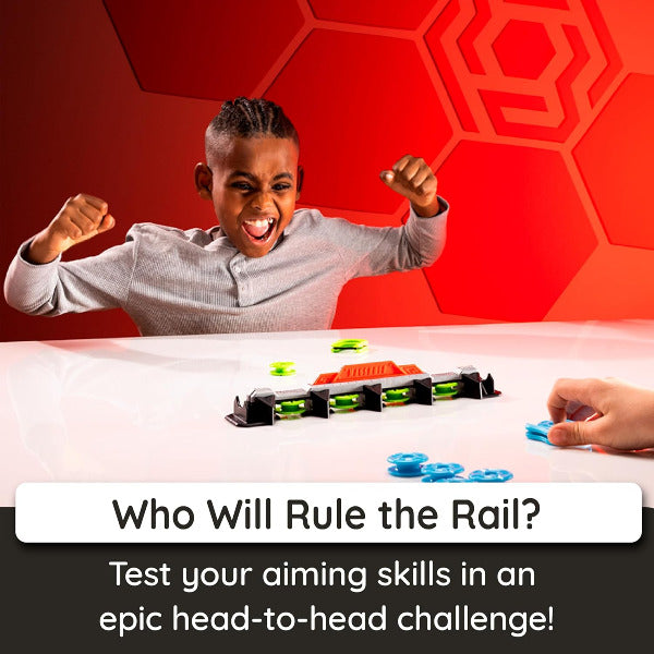 Child playing a board game with text 'Who Will Rule the Rail?' on a red background