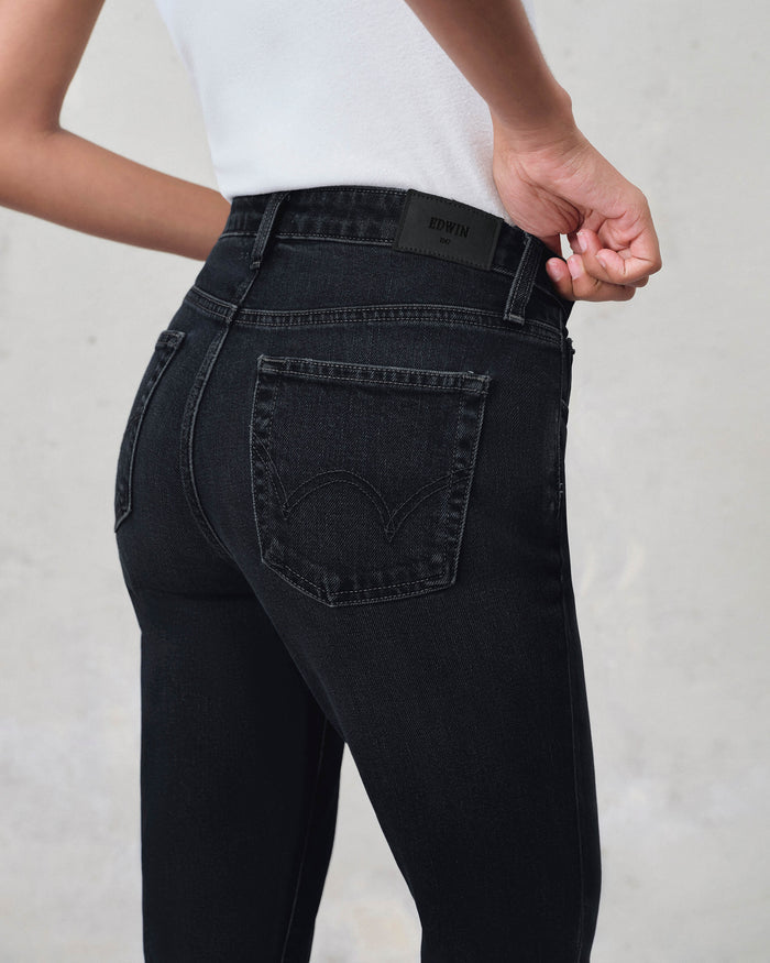 EDWIN USA designer women's jeans made in USA with a sleek black finish and stylish back pockets