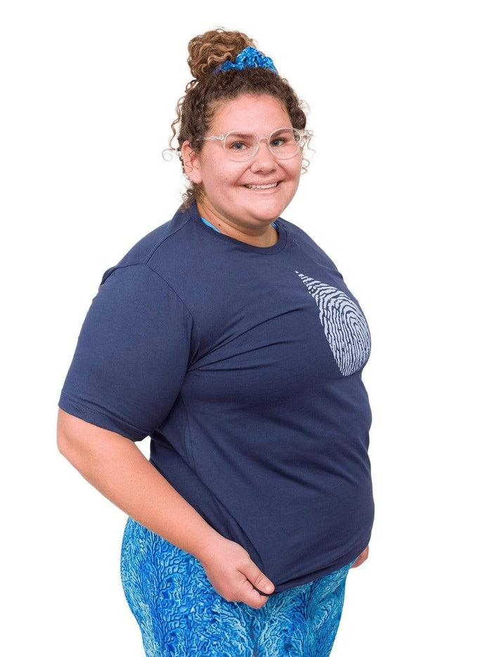 Model: Angela is working towards her Master of Professional Science in Marine Conservation. She is 5'6", 235 lbs, 42E and is wearing an XL tee.