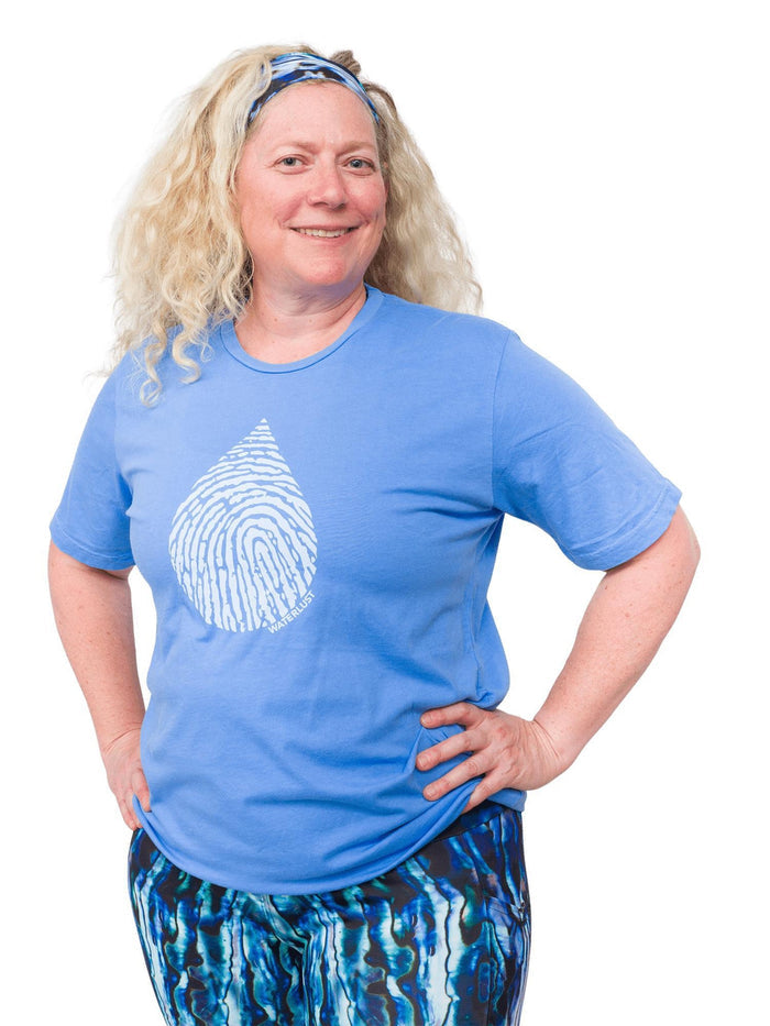 Model: Ruth volunteers for citizen science projects on both salt and freshwater fish and spends as much time as possible in, on, or under the water. She is 5'7", 217 lbs, 40DD and is wearing a L tee.