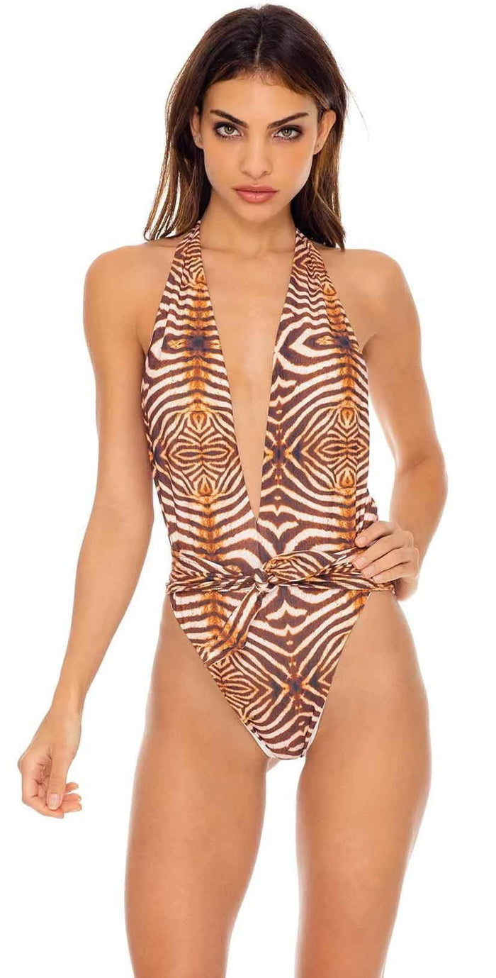 Luli Fama Safari Dreams One Piece Bodysuit in Brown: