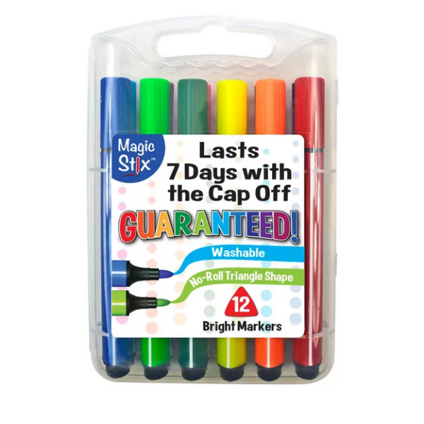 Pack of 12 bright markers with a clear plastic case on a white background