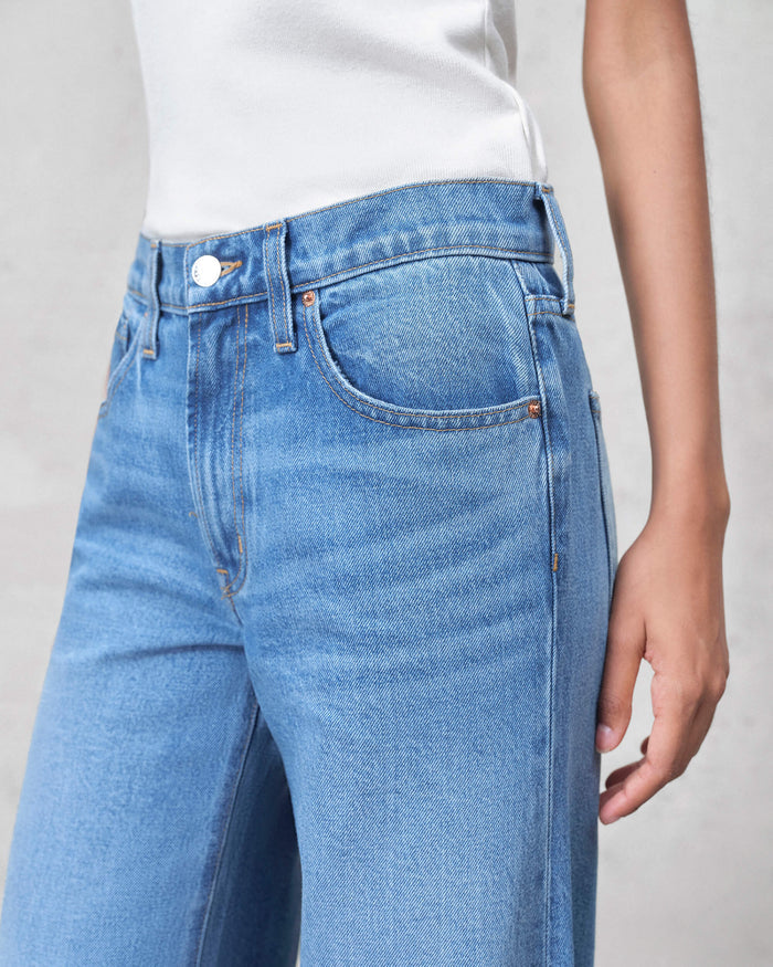EDWIN super wide leg jeans women light blue high waist five pocket denim on model with white tank