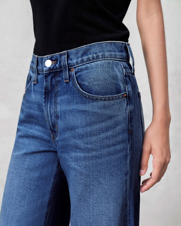 EDWIN high rise wide leg jeans made in USA blue denim close up showing waist front pocket and wide leg silhouette