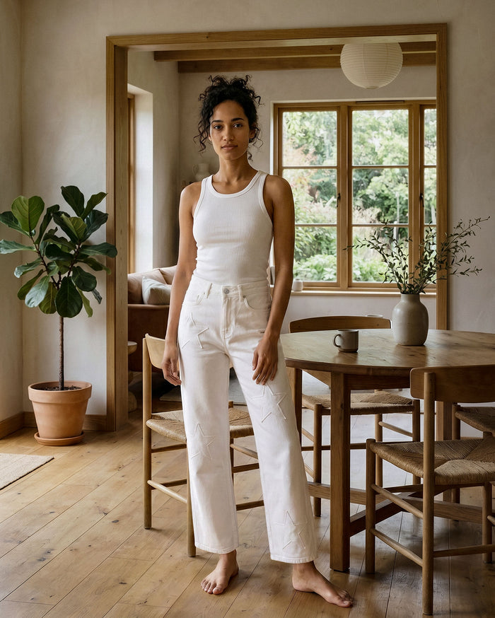 Marli Wide Leg Ankle || Eggshell - White Stars