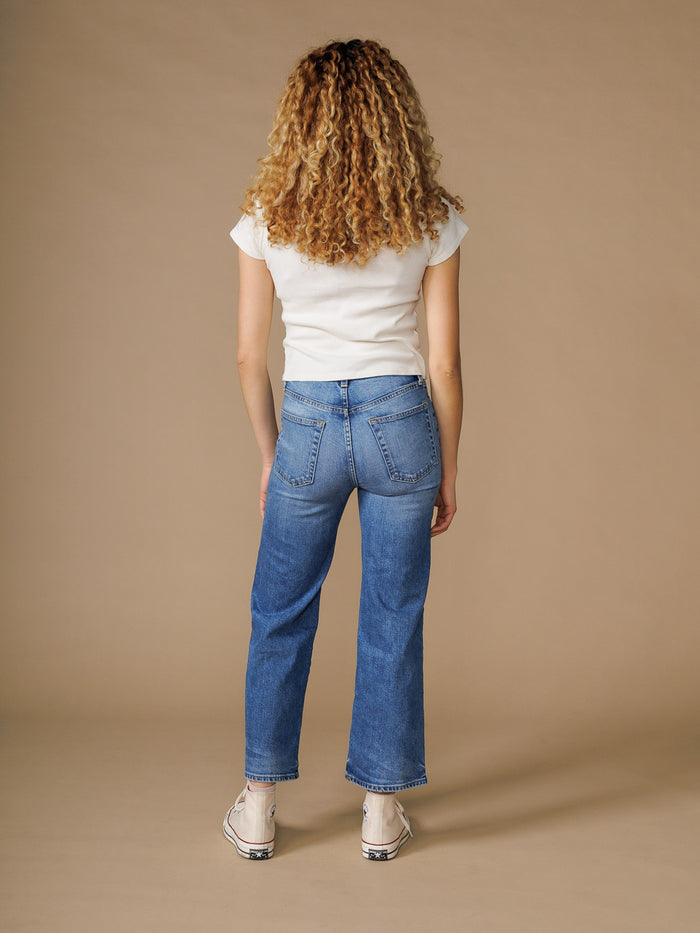 EDWIN Marli wide leg jeans for women in medium blue denim worn by a model from the back