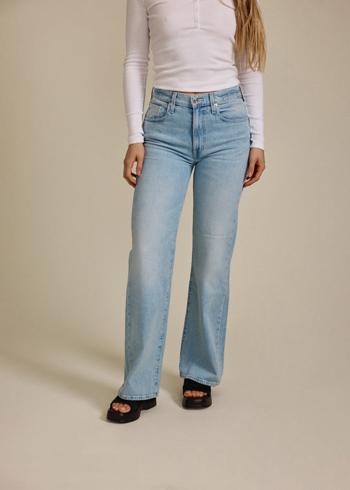 EDWIN USA high rise wide leg jeans for women in light blue denim with front pockets