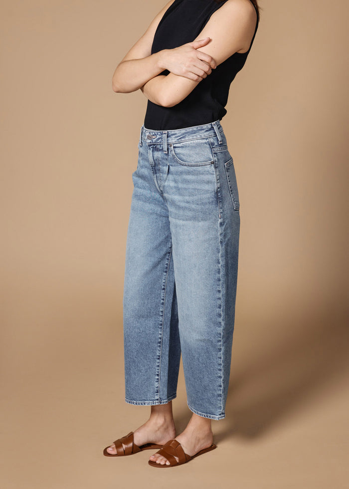 EDWIN USA women's cropped straight leg jeans in light blue denim styled with black sleeveless top and brown sandals