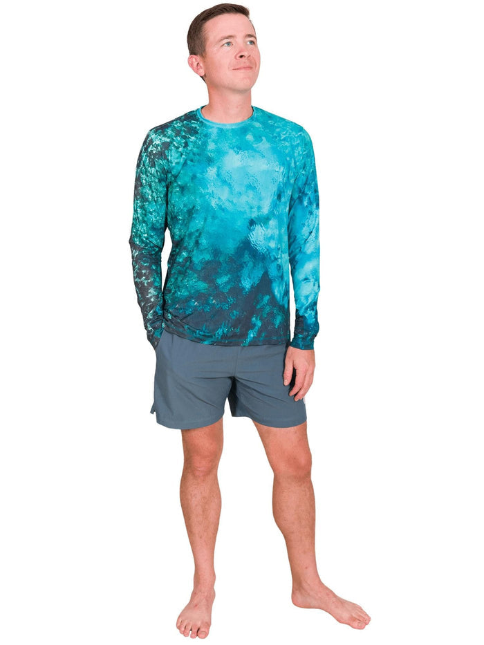 Model: Joe is a coral restoration ecologist and an avid runner. He is 5'10", 145lbs and wearing a size S Men's Crew Neck Sun Shirt and S Best Day Ever Short.