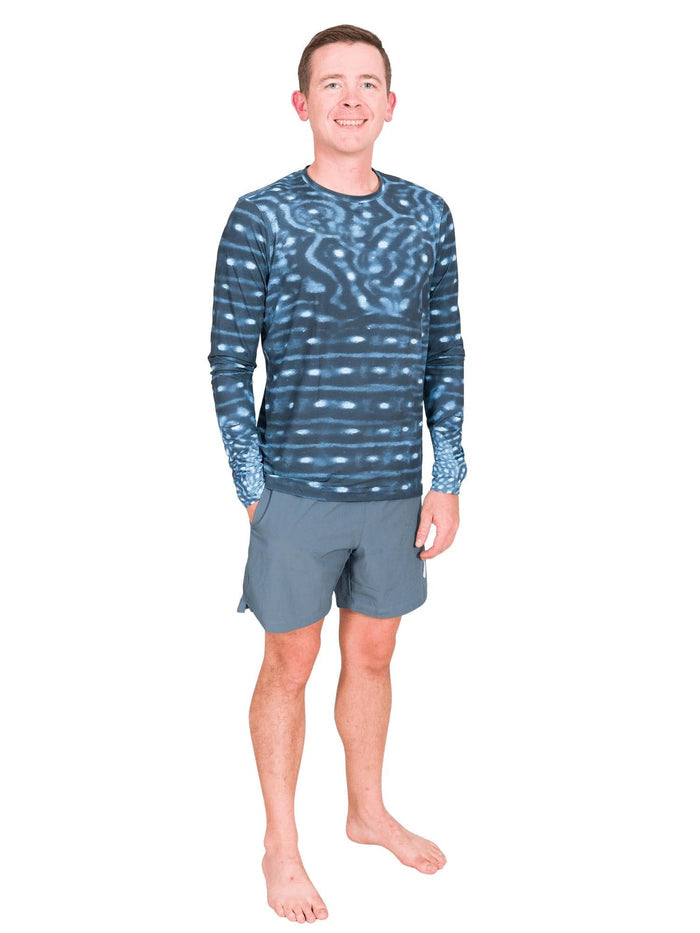 Model: Joe is a coral restoration ecologist and an avid runner. He is 5'10", 145lbs and  is wearing a S Men's Crew Neck Sun Shirt and S Best Day Ever Short.