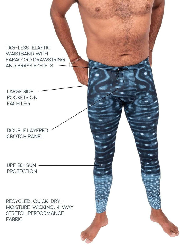 Feature diagram showing features of the men's whale shark leggings