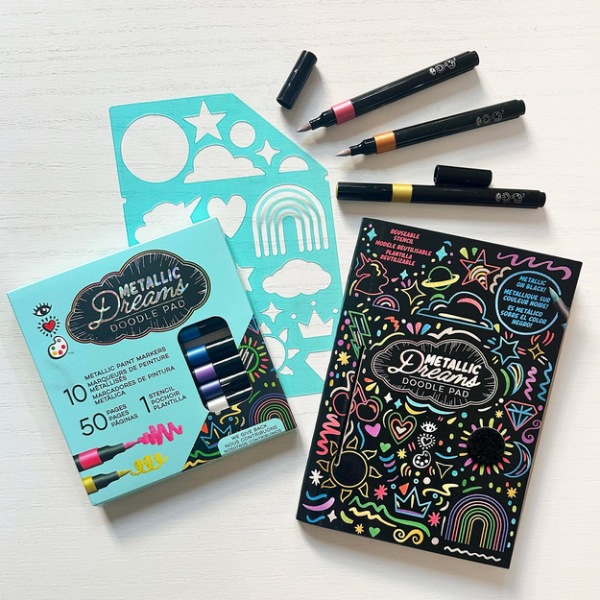 Metallic Dreams doodle pad with markers on a white background