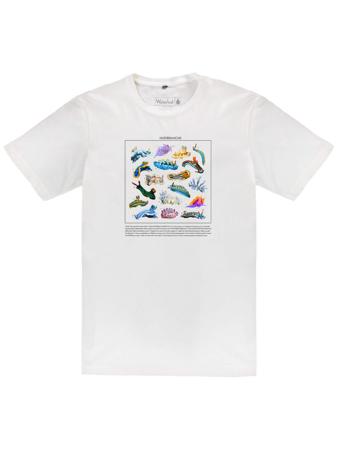A white organic cotton tee with many colorful nudibranchs printed on the front along with their IDs.