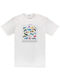 A white organic cotton tee with many colorful nudibranchs printed on the front along with their IDs.