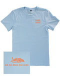Nudi Nerd printed on the front and "ask me about my cerata" on the back of a blue organic cotton tee