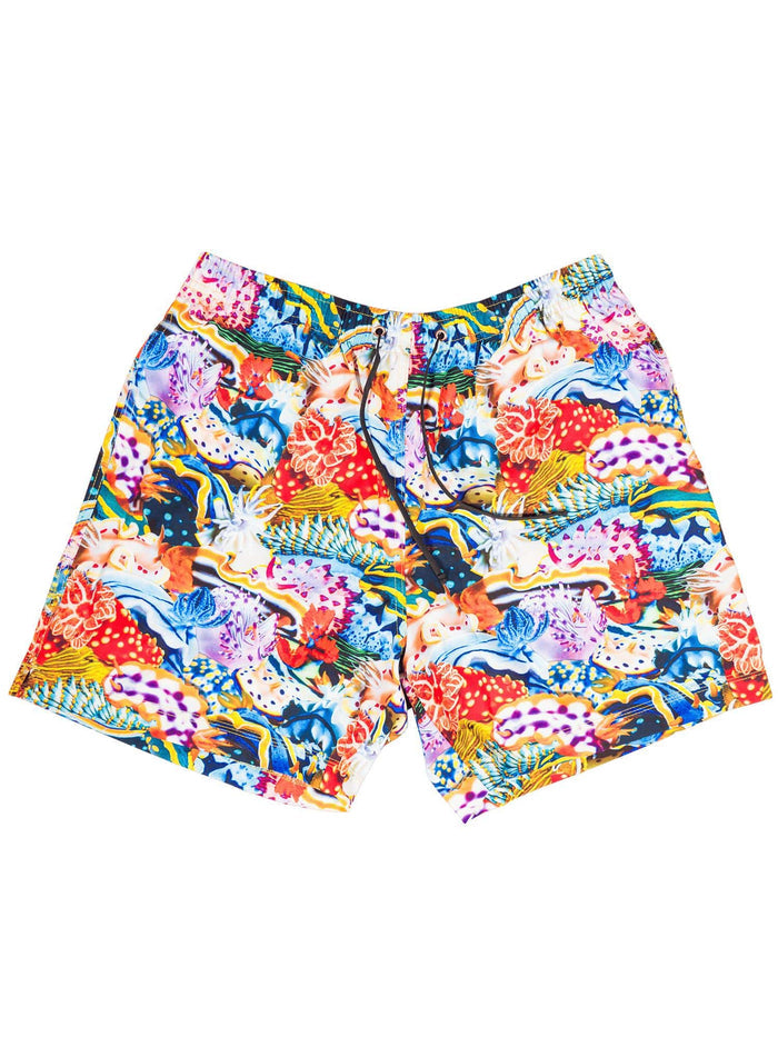Colorful, nudibranch-printed shorts laid flat on a white background.
