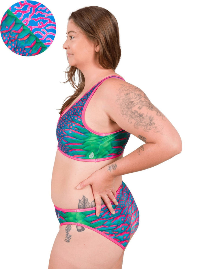 Model: Camilla is the Operations Manager here at Waterlust. She loves using her camera to communicate marine conservation issues. She is 5'8", 195 lbs, 36D and is wearing an XL Scoop Bikini Top and XL Classic Bikini Bottom.